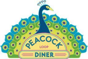 The Peacock Loop Diner logo featuring a peacock with three rows of colorful feathers (blue, green, yellow) and lettering that says Peacock Loop Diner.